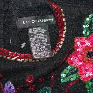 Vintage 80s IB Diffusion Black Angora Beaded Christmas Floral Sweater Size:L